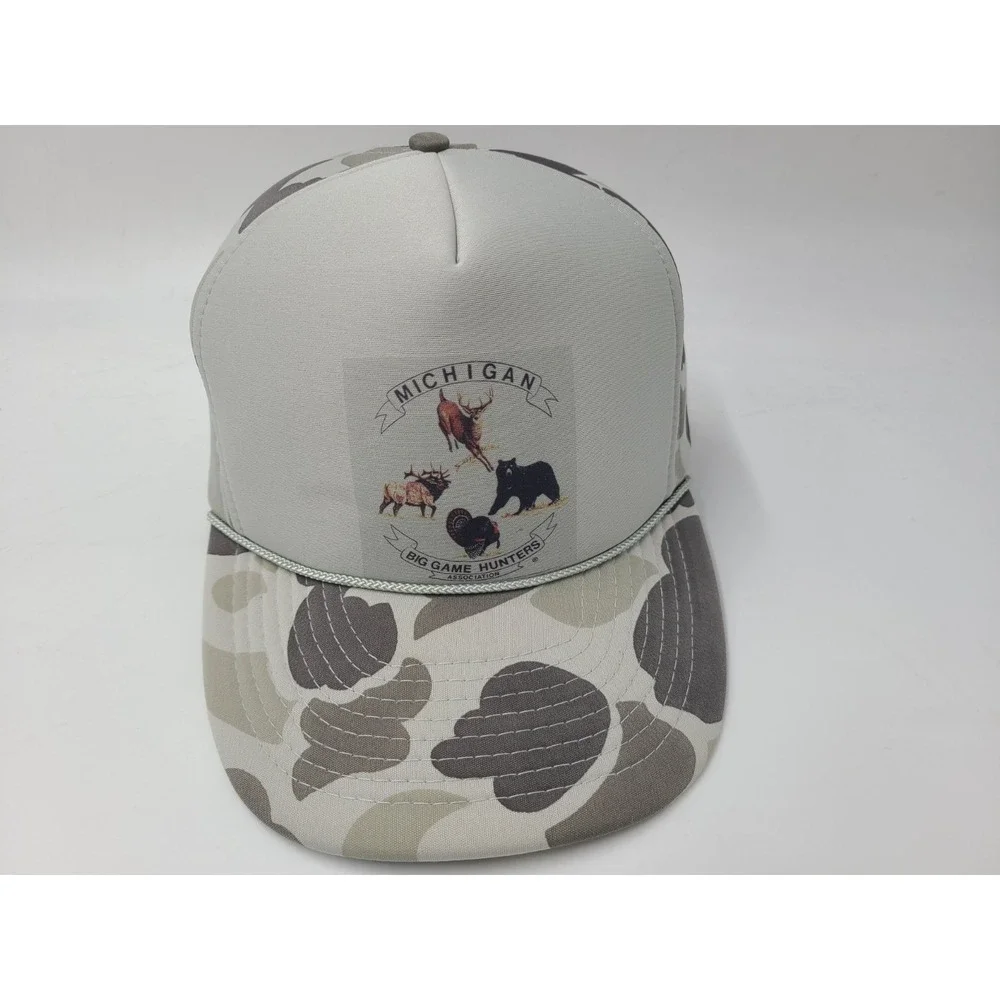 Vintage Michigan Big Game‎ Hunters Association Camo Rope Snapback Hat Cap Gray